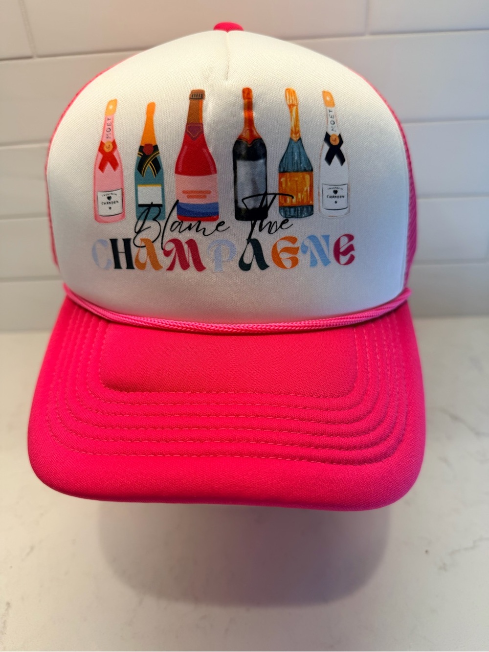Pink 'Blame The Champagne' Trucker Hat - Party Cap